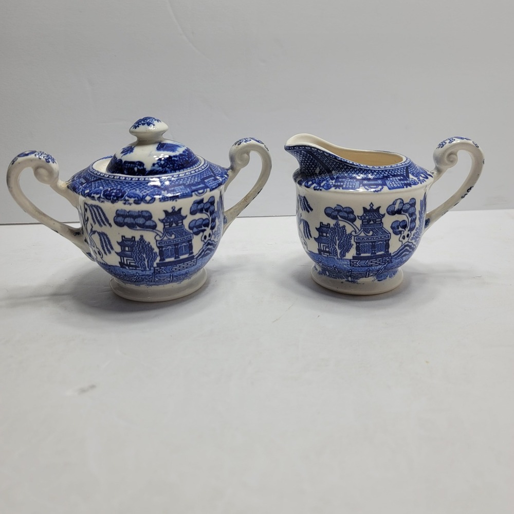 Vintage Blue Willow Cream and Sugar Set Japan Blue White Transferware Ceramic